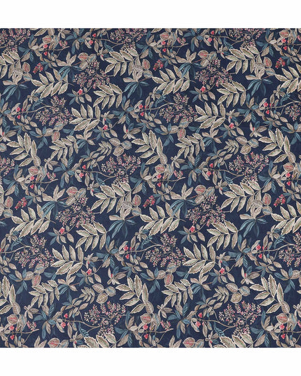 Indigo Navy Leaf Print Viscose Twill Fabric