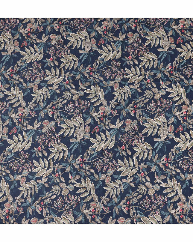 Indigo Navy Leaf Print Viscose Twill Fabric