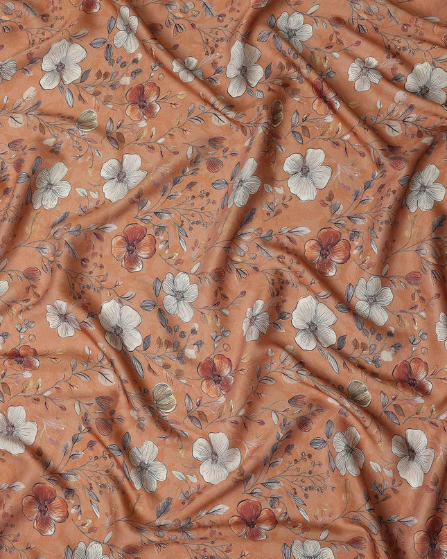 Terracotta Orange Floral Print Viscose Twill Fabric