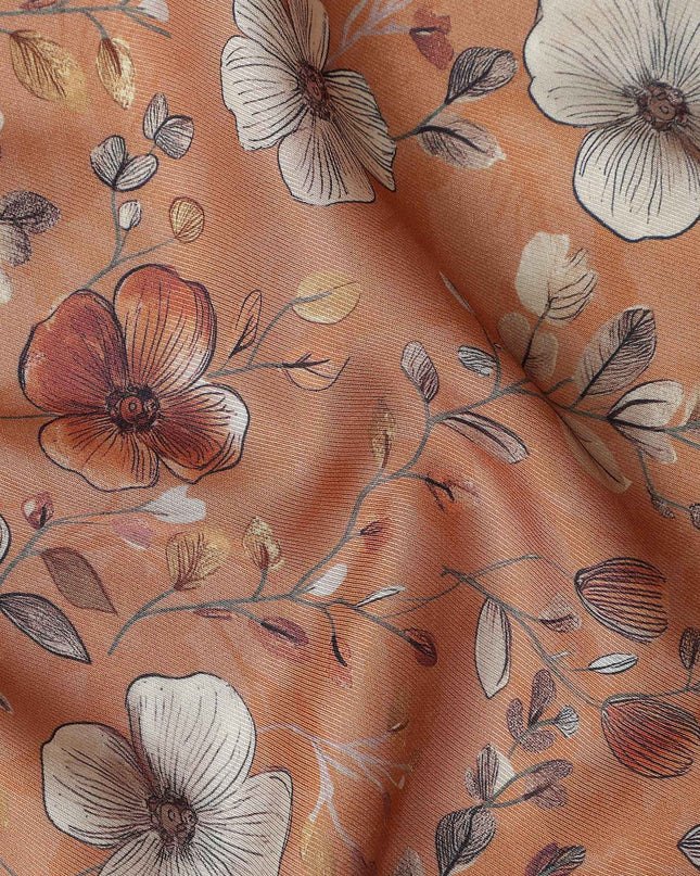 Terracotta Orange Floral Print Viscose Twill Fabric