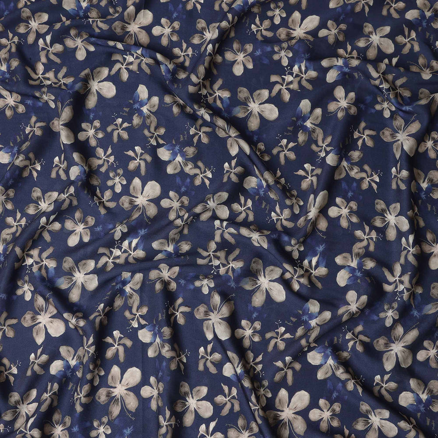 Navy Blue Floral Print Viscose Twill Fabric