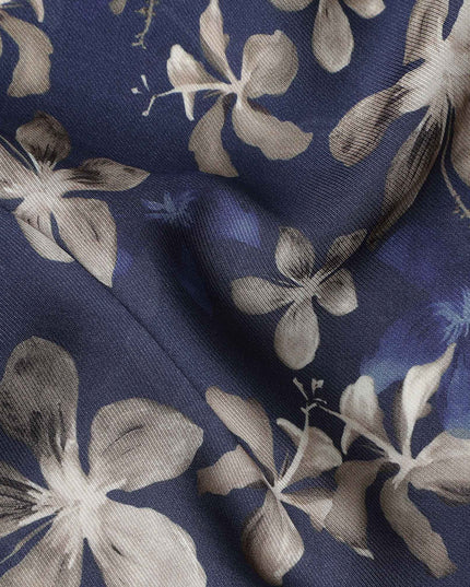 Navy Blue Floral Print Viscose Twill Fabric