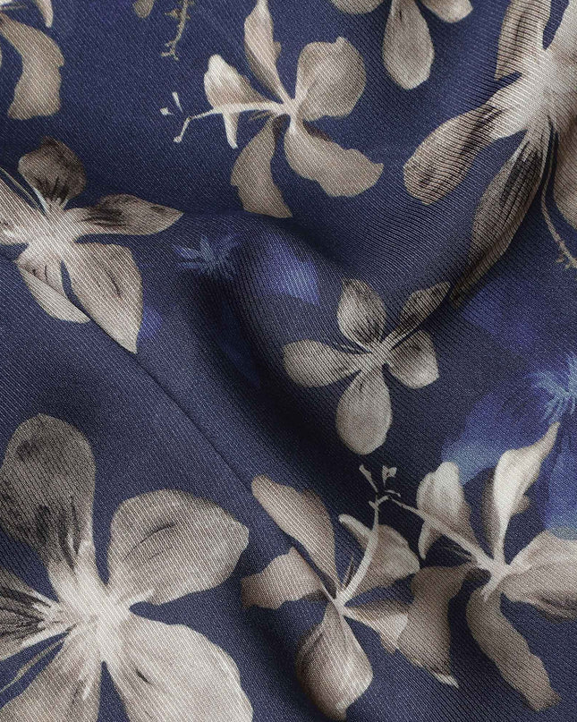 Navy Blue Floral Print Viscose Twill Fabric