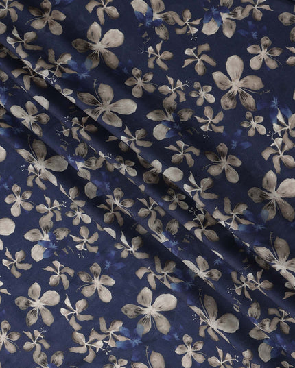Navy Blue Floral Print Viscose Twill Fabric