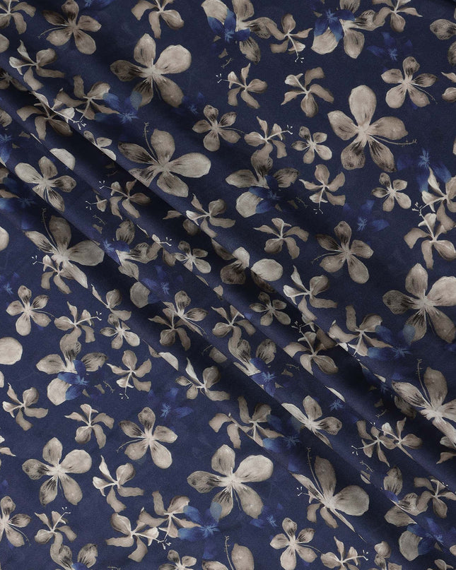 Navy Blue Floral Print Viscose Twill Fabric