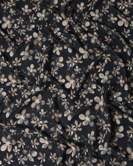 Jet Black Floral Print Viscose Twill Fabric