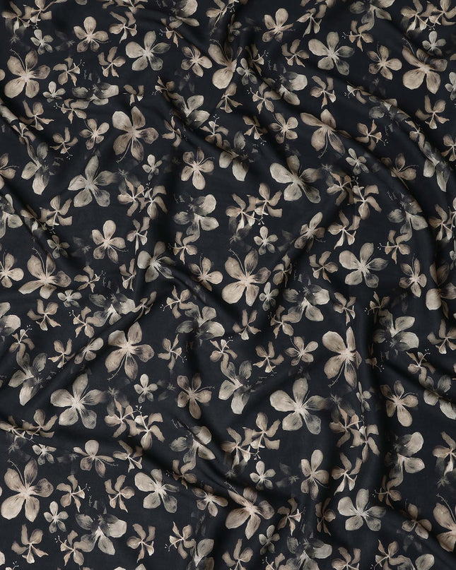 Jet Black Floral Print Viscose Twill Fabric
