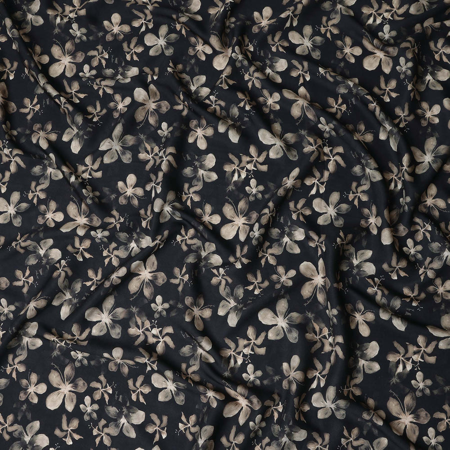 Jet Black Floral Print Viscose Twill Fabric