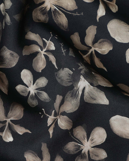 Jet Black Floral Print Viscose Twill Fabric