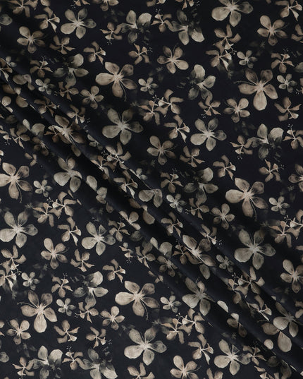 Jet Black Floral Print Viscose Twill Fabric