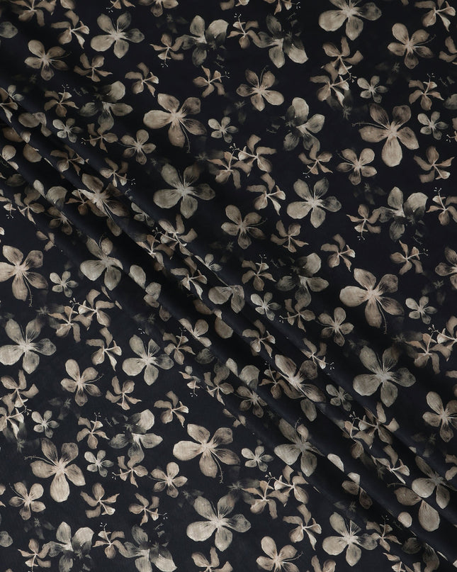 Jet Black Floral Print Viscose Twill Fabric