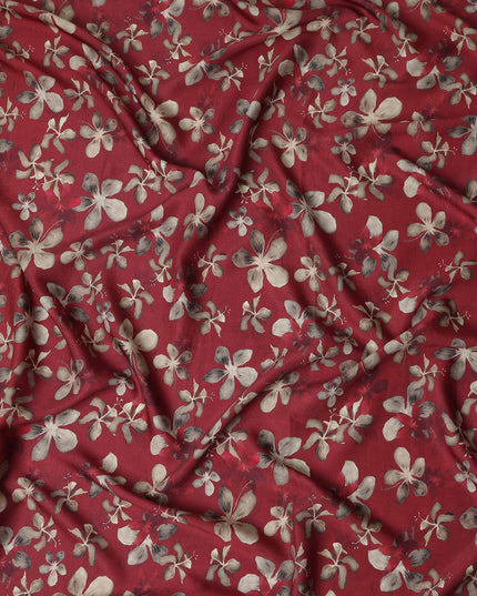 Maroon Red Floral Print Viscose Twill Fabric