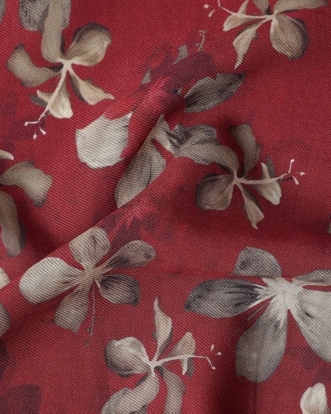 Maroon Red Floral Print Viscose Twill Fabric