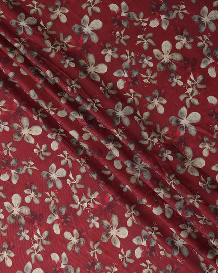 Maroon Red Floral Print Viscose Twill Fabric