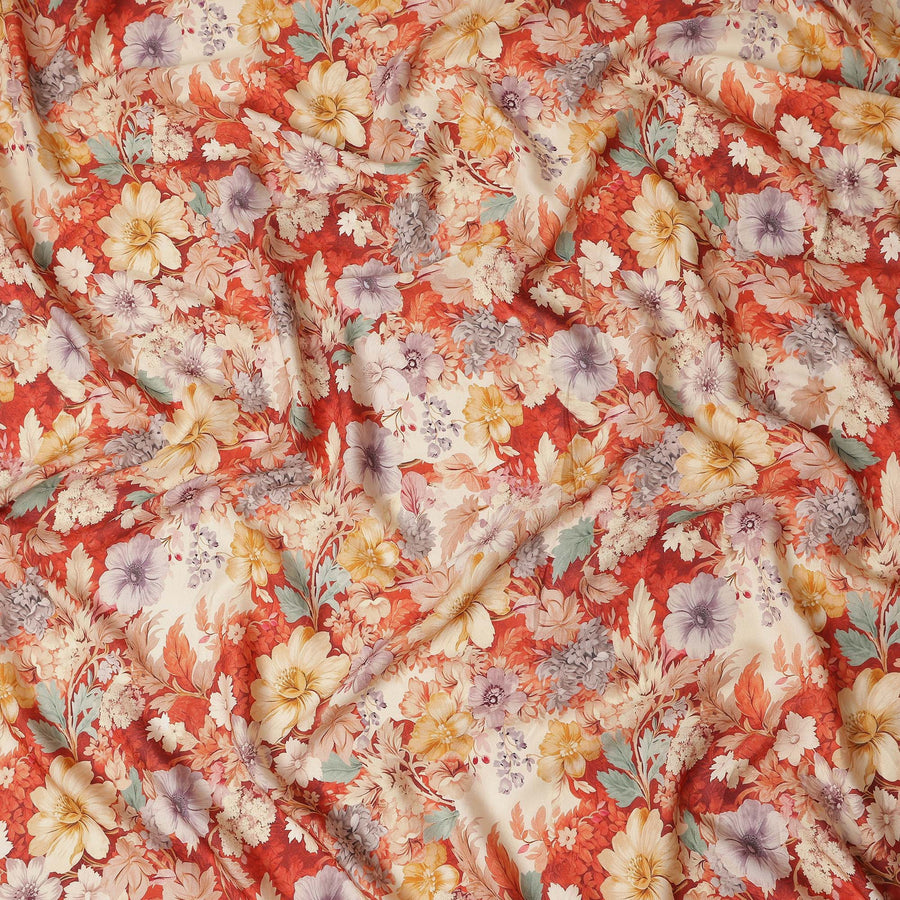 Rust Red Floral Print Viscose Twill Fabric