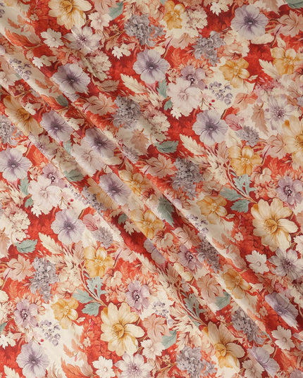 Rust Red Floral Print Viscose Twill Fabric