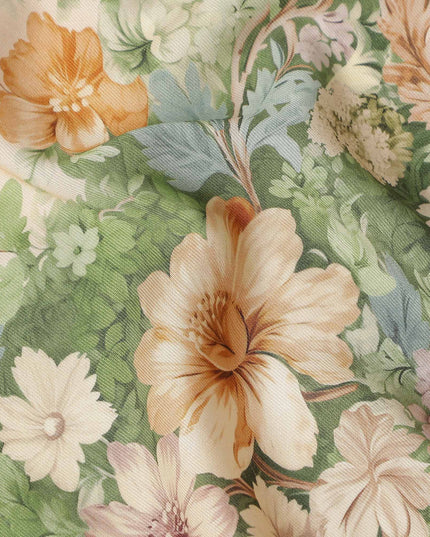 Moss Green Floral Print Viscose Twill Fabric