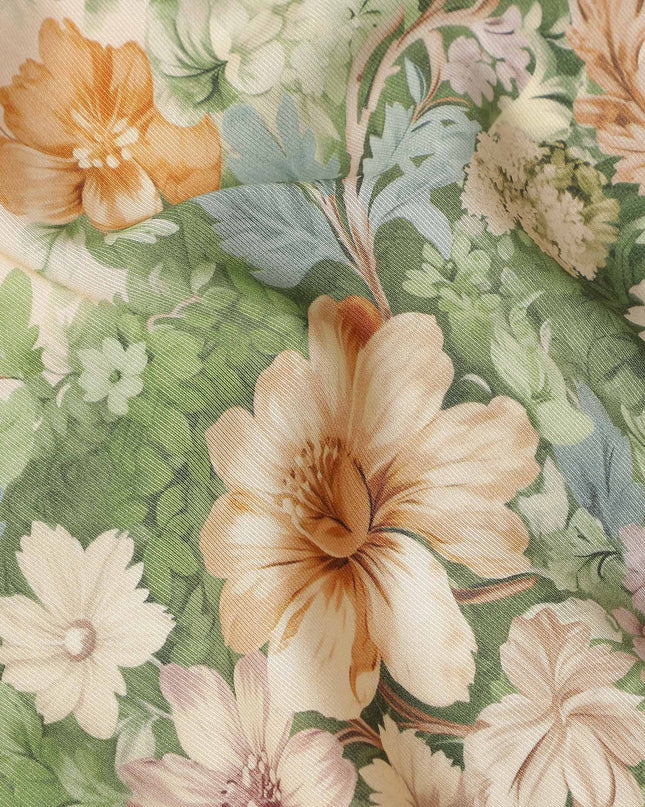 Moss Green Floral Print Viscose Twill Fabric