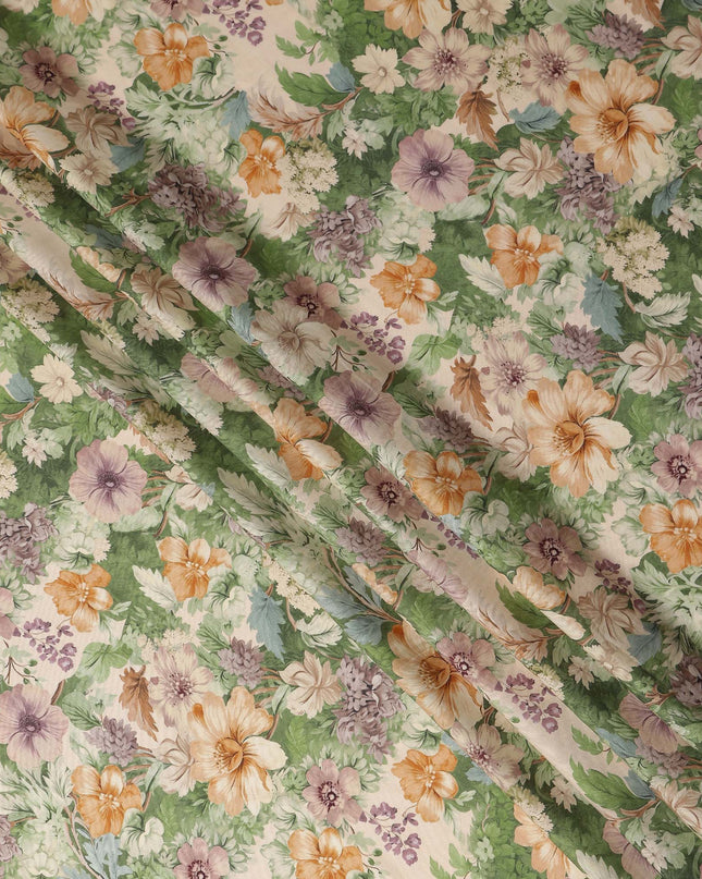 Moss Green Floral Print Viscose Twill Fabric