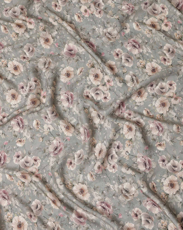 Slate Grey Floral Print Viscose Twill Fabric