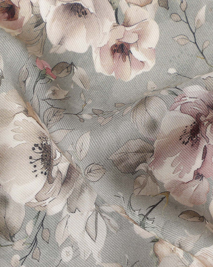 Slate Grey Floral Print Viscose Twill Fabric