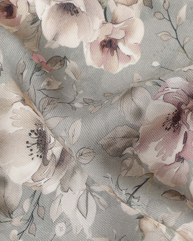 Slate Grey Floral Print Viscose Twill Fabric