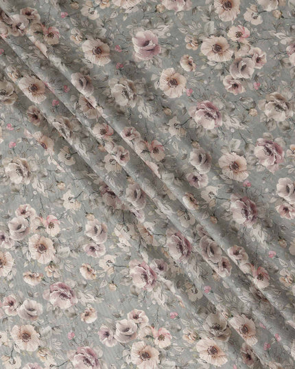 Slate Grey Floral Print Viscose Twill Fabric