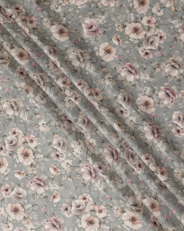 Slate Grey Floral Print Viscose Twill Fabric