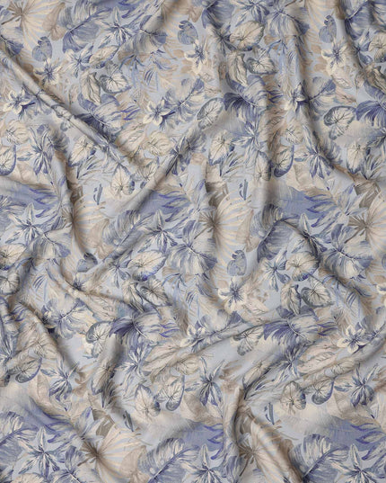 Powder Blue Leaf Print Viscose Twill Fabric