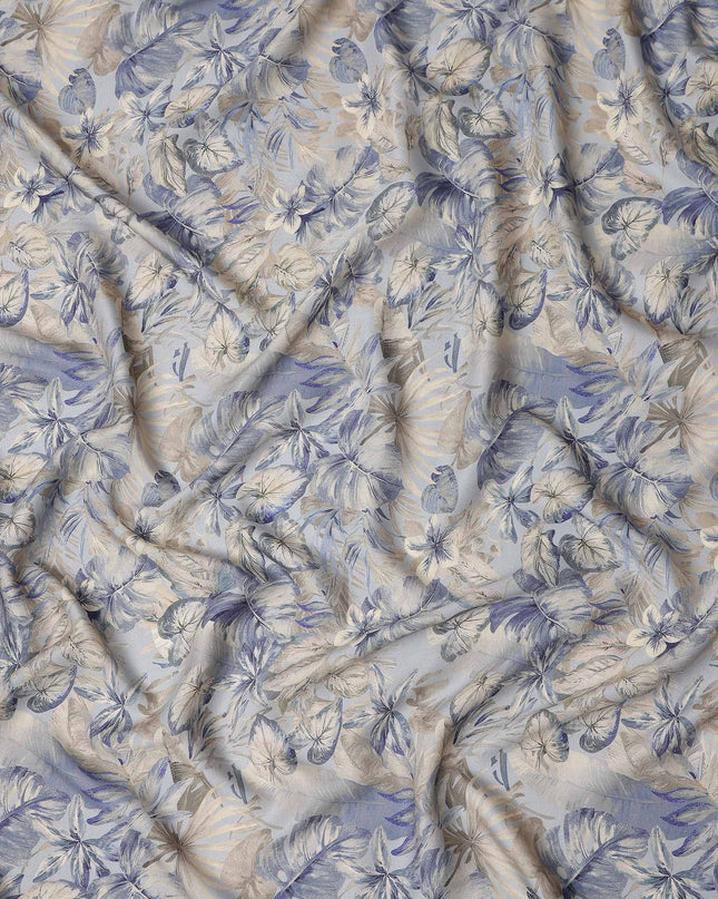 Powder Blue Leaf Print Viscose Twill Fabric