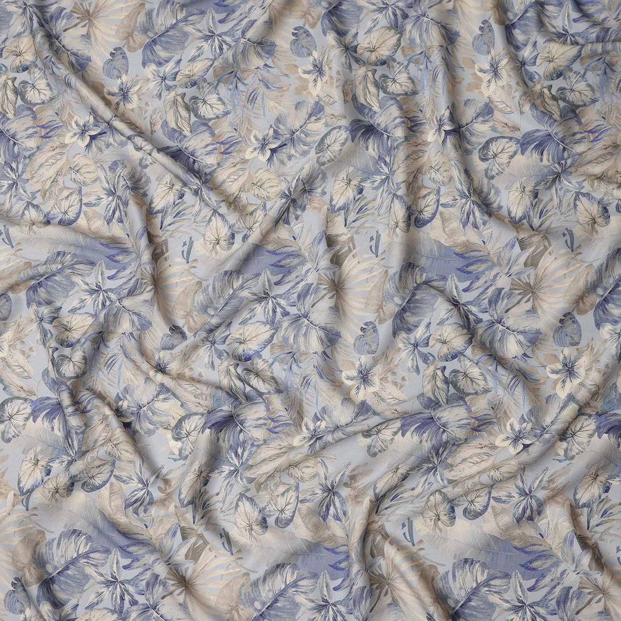 Powder Blue Leaf Print Viscose Twill Fabric