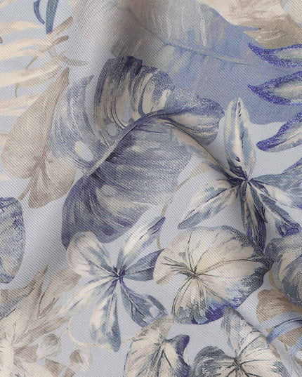 Powder Blue Leaf Print Viscose Twill Fabric