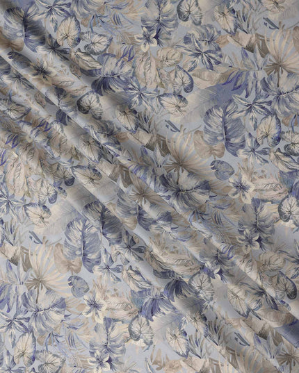Powder Blue Leaf Print Viscose Twill Fabric