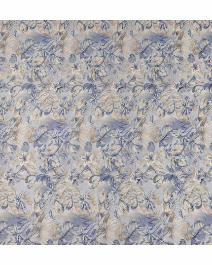 Powder Blue Leaf Print Viscose Twill Fabric
