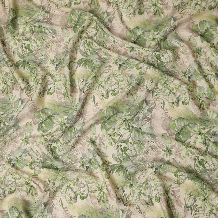 Sage Green Leaf Print Viscose Twill Fabric