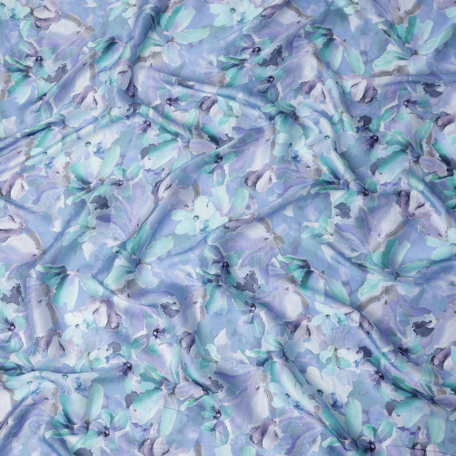 Blue Floral Satin Fabric 110cm