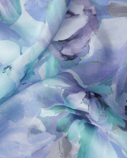 Blue Floral Satin Fabric 110cm