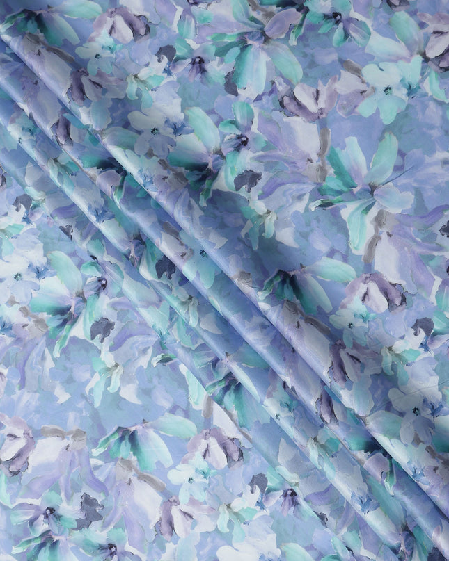 Blue Floral Satin Fabric 110cm