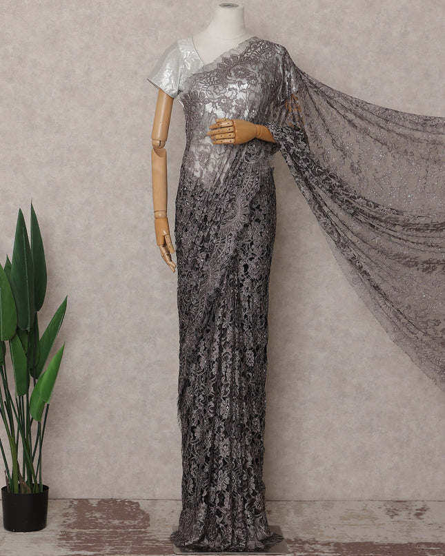 Smoky Charcoal Grey Stone Work French Lace Saree