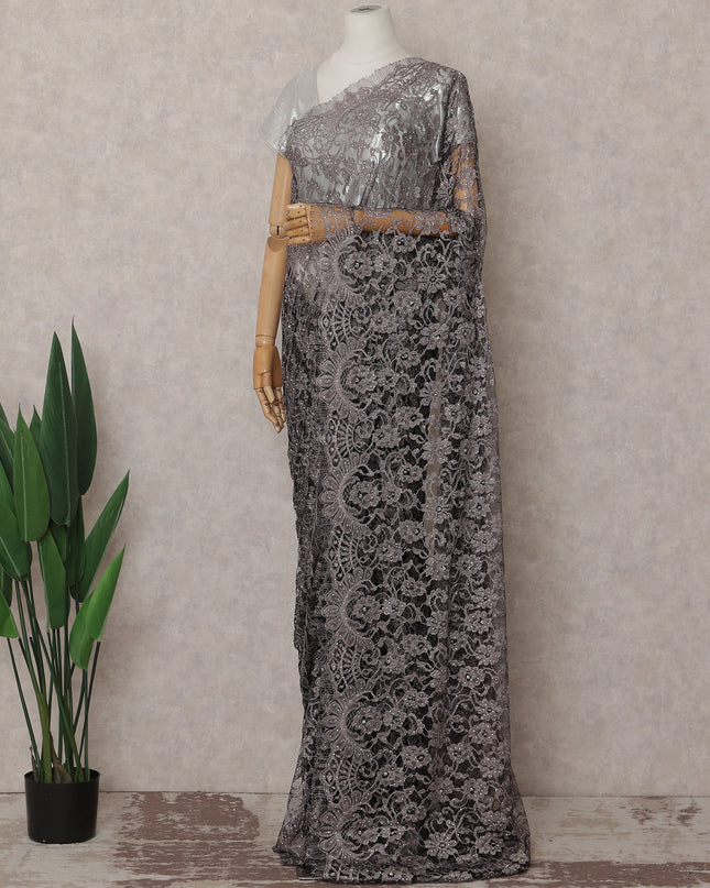 Smoky Charcoal Grey Stone Work French Lace Saree