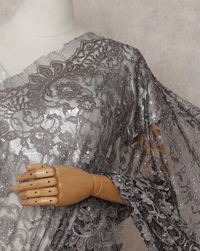 Smoky Charcoal Grey Stone Work French Lace Saree