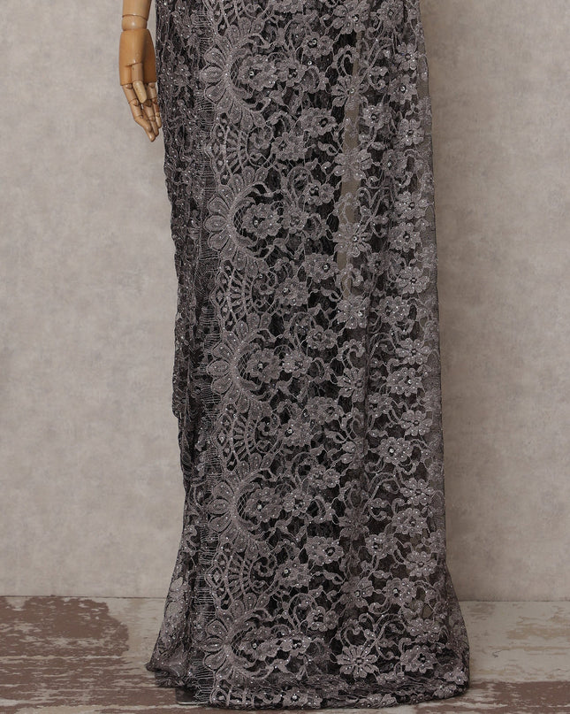 Smoky Charcoal Grey Stone Work French Lace Saree
