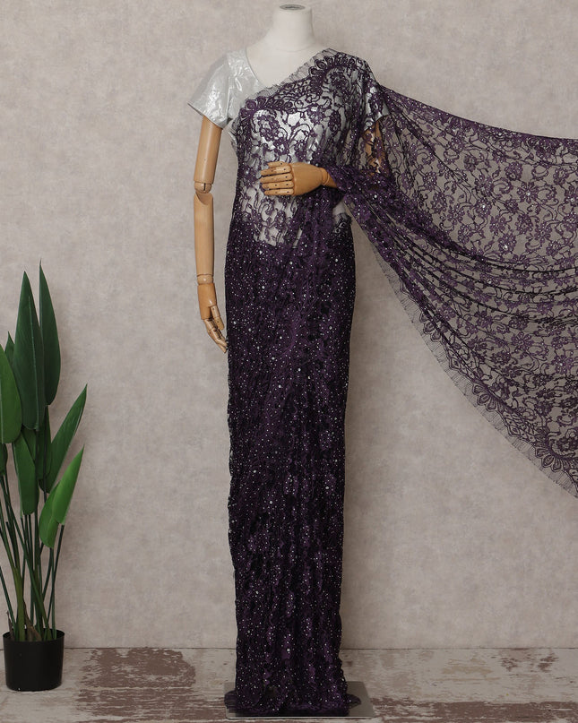 Plum Purple Stone Work French Lace Saree