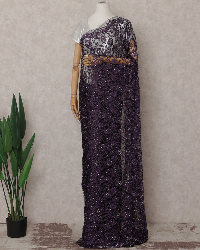 Plum Purple Stone Work French Lace Saree