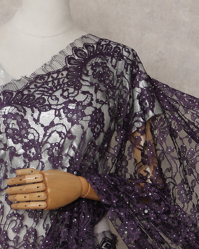Plum Purple Stone Work French Lace Saree