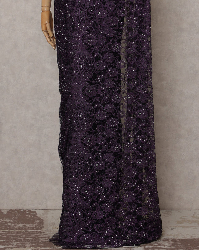 Plum Purple Stone Work French Lace Saree