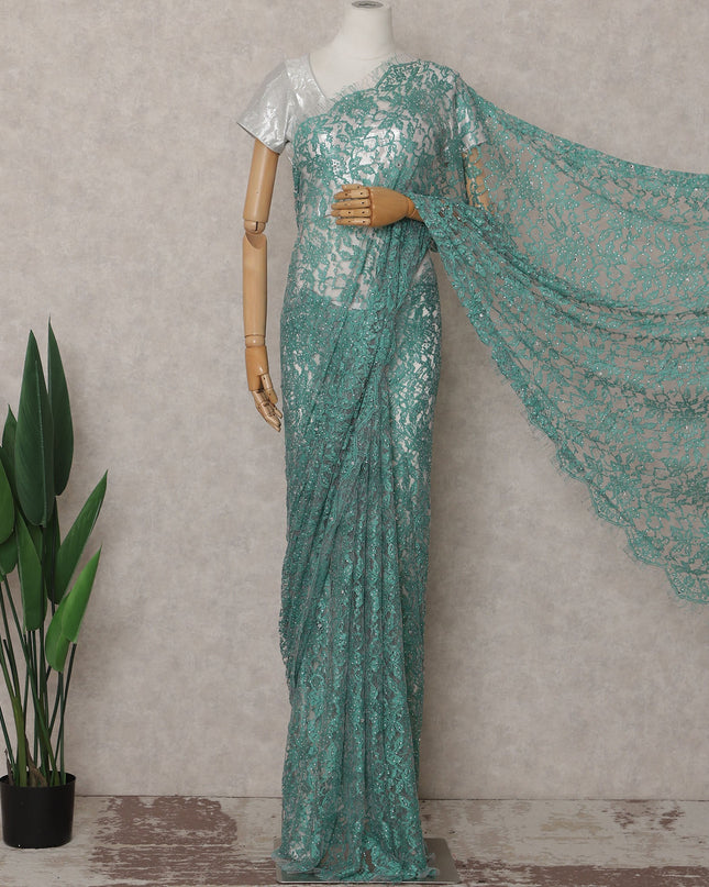 Turquoise Teal Stone Work French Lace Saree