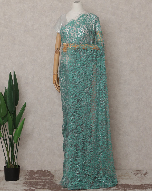 Turquoise Teal Stone Work French Lace Saree