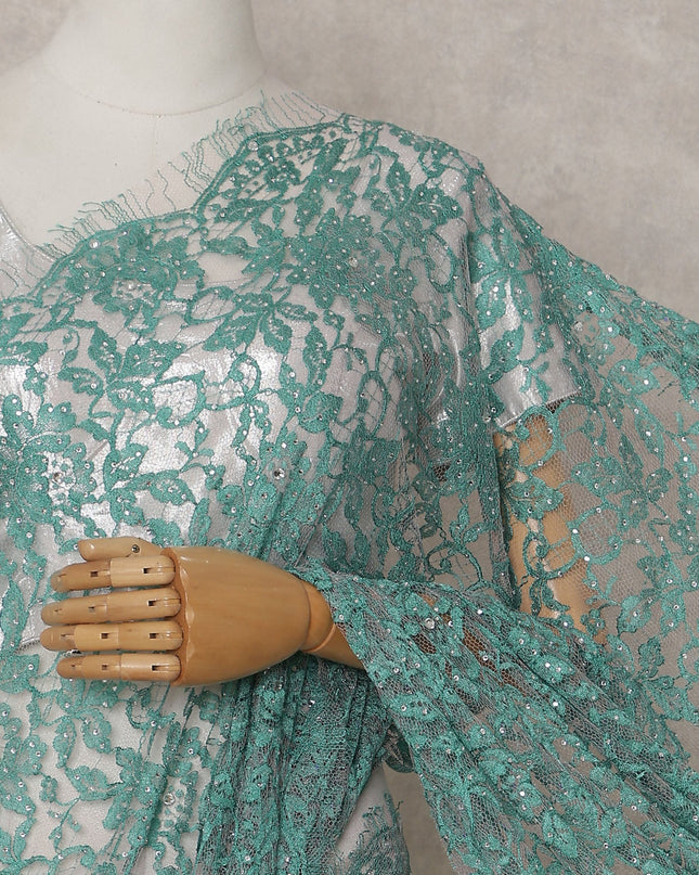 Turquoise Teal Stone Work French Lace Saree