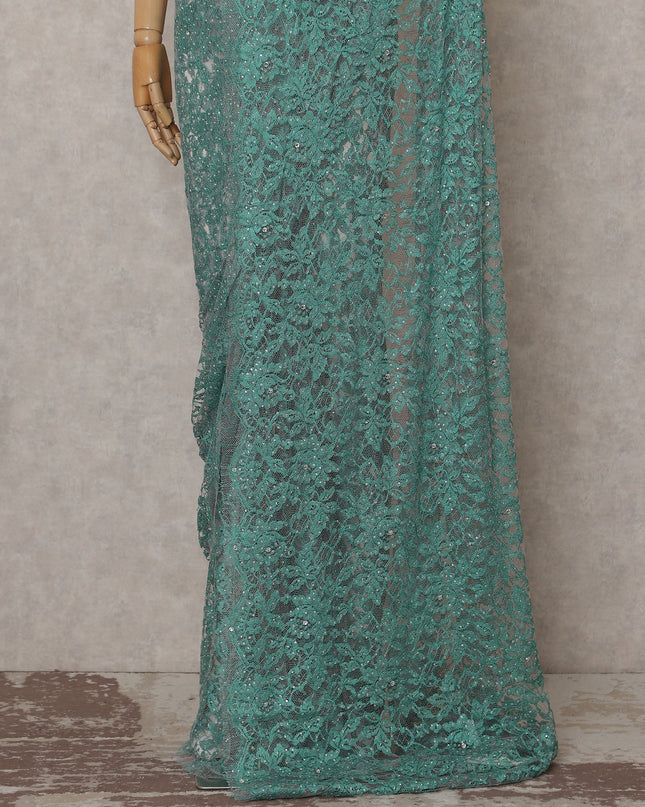 Turquoise Teal Stone Work French Lace Saree